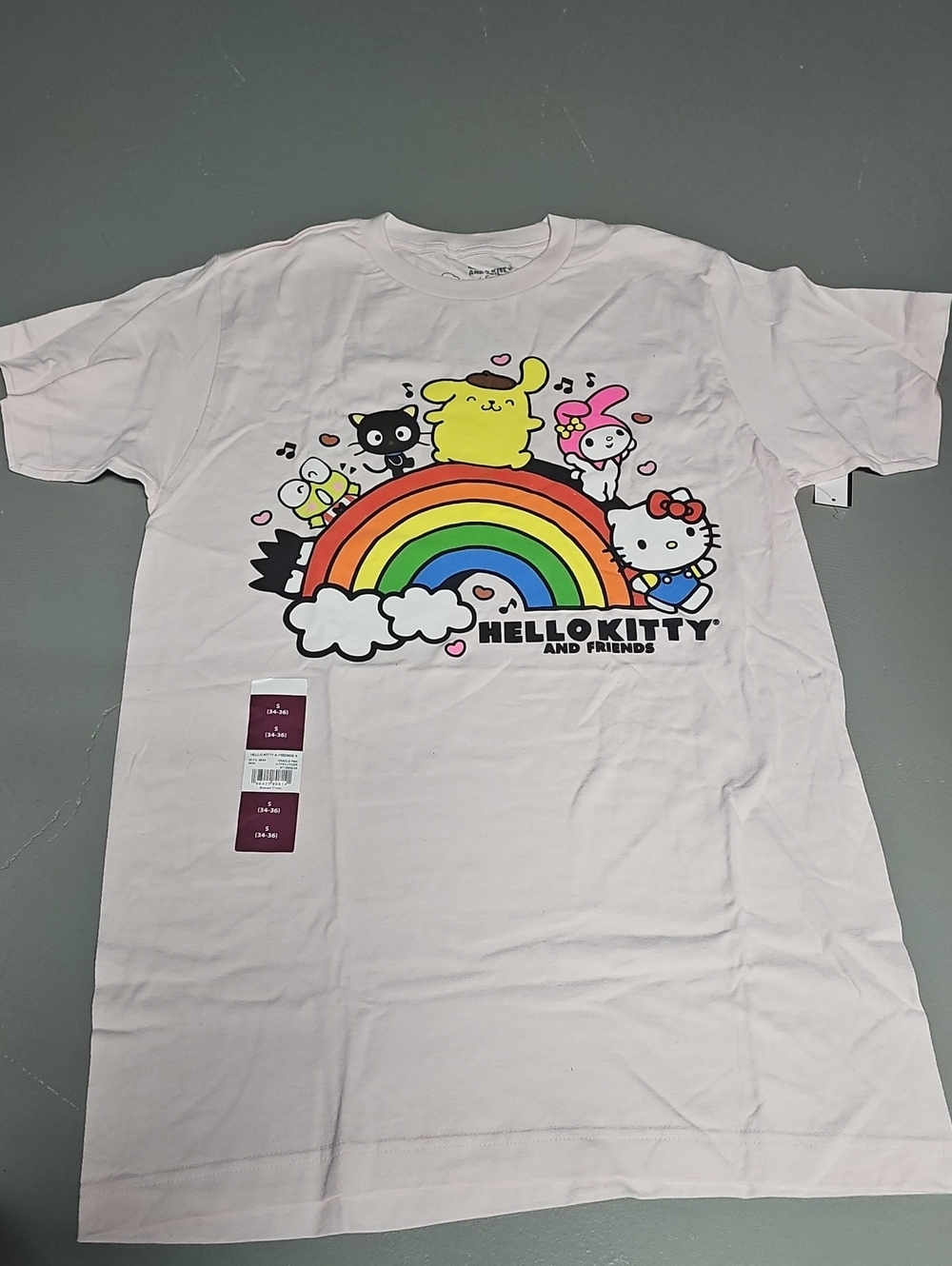 Hello Kitty And Friends NWT Pink T-shirt W/Rainbow & Sanrio Characters
